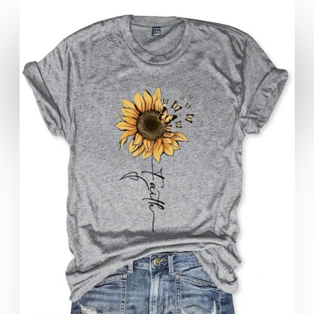 3/$10  NEW Women's FAITH BUTTERFLY SUNFLOWER Printed Round Neck T-Shirt